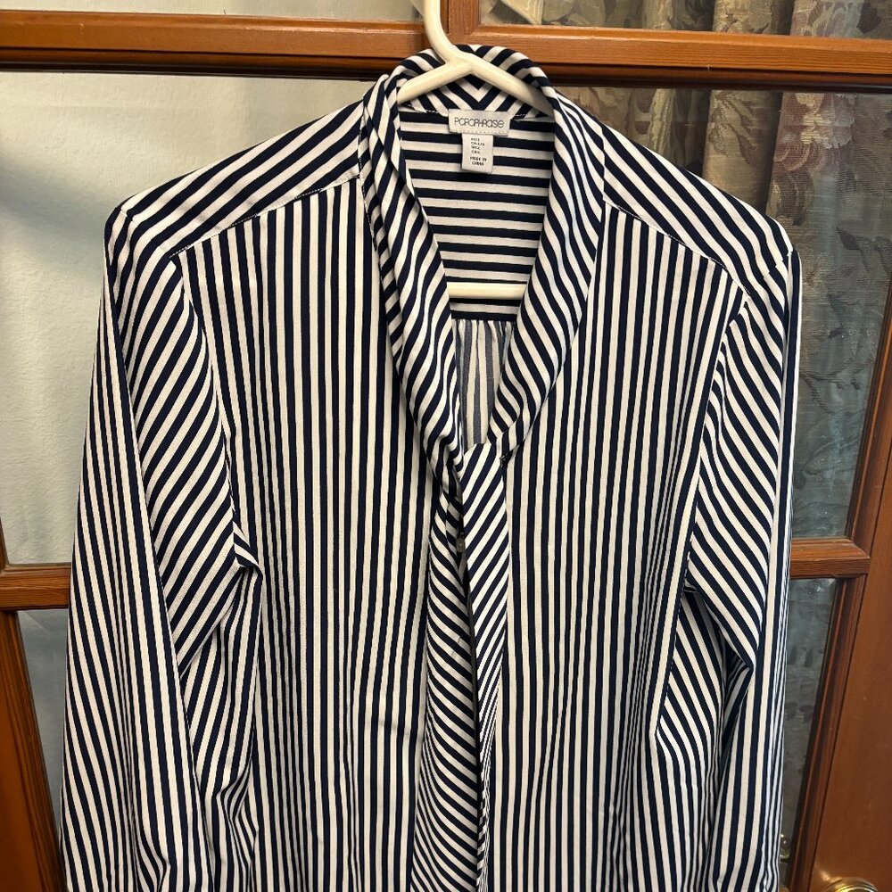 Blue and White Vertical Striped Business Blouse Size L